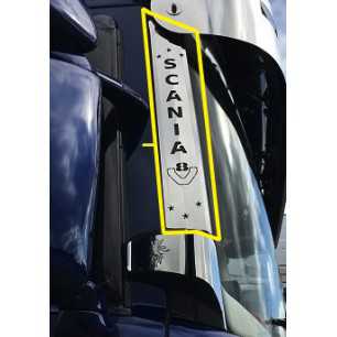 STAINLESS STEEL FRONT COLUMN PLATES WITH "SCANIA" AND V8 SCANIA R LETTERING