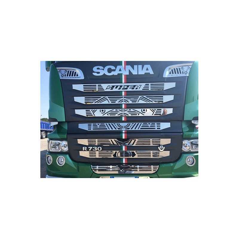 REPLACEMENT STAINLESS STEEL MASK WITH SUPER LOGO, V8 AND PISTONS 9 PCS SCANIA NEW R