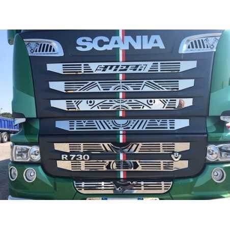 MASCHERINA INOX SOSTITUTIVA CON LOGO SUPER, V8 E PISTONI 9 PZ SCANIA NEW R